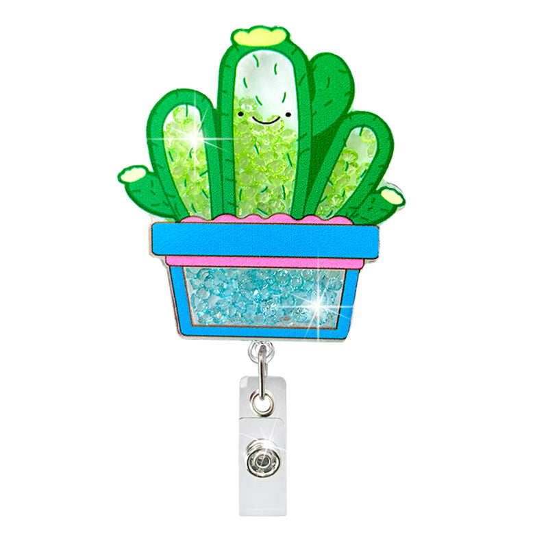Wholesale Cartoon Cactus Quicksand Acrylic Retractable Badge Scroll Keychain